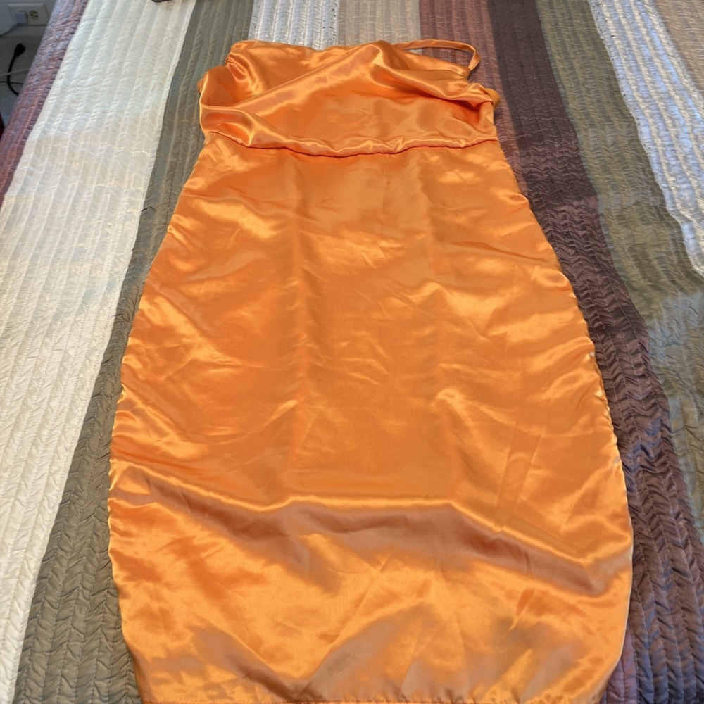 Wild fable Women's Dress Bodycon Sleeveless Ruched Side Orange Satin Medium